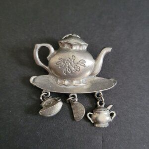 LCD Pewter Dangle Teapot Brooch Vintage Lapel Pin Lindsay Claire Designs